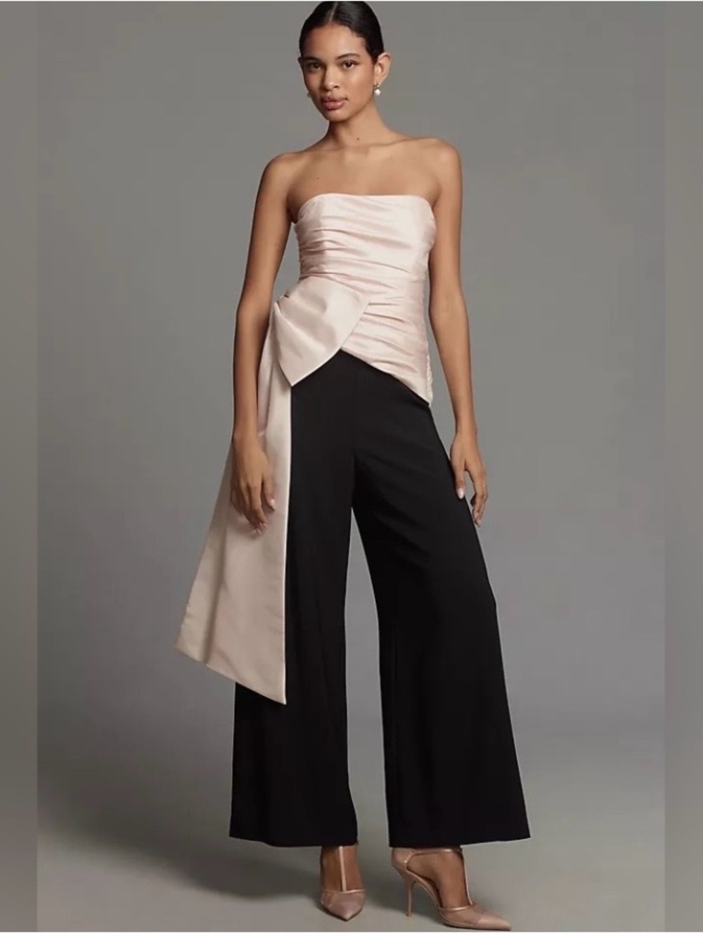 Like New Hutch Mylie Velvet Satin Strapless Wide Leg Jumpsuit Black and Blush 6